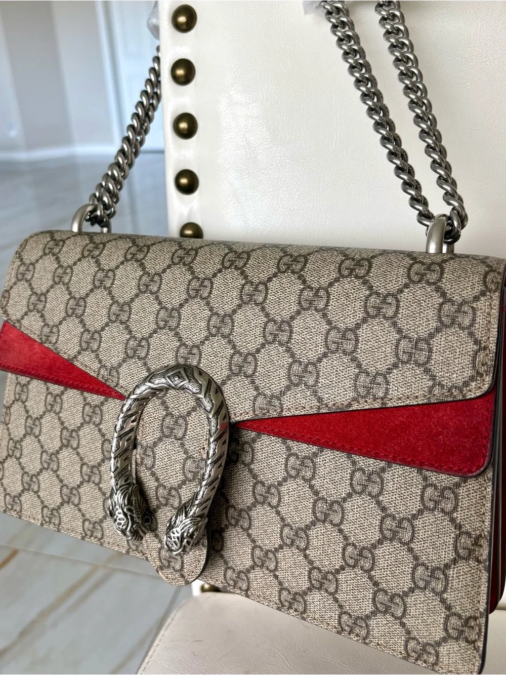 CERTIFIED GUCCI Dionysus Beige GG Supreme Canvas Shoulder Bag Red Suede Stripe !